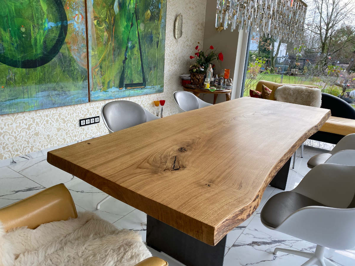 finished oak table with tree edge