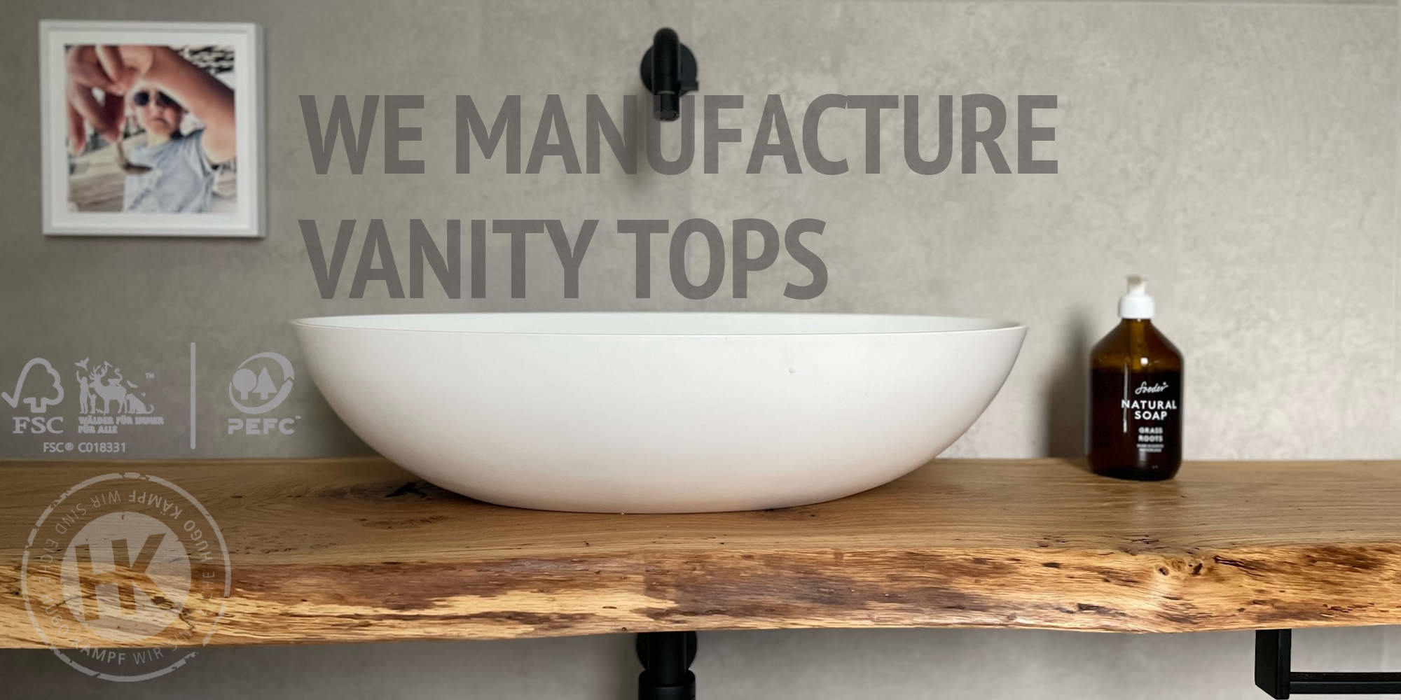 Vanity top made of oak wood with natural live edge